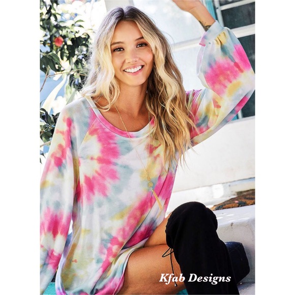 💖LAST 1 Pink French Terry Tie Dye Puff Sleeve Top - Picture 5 of 9